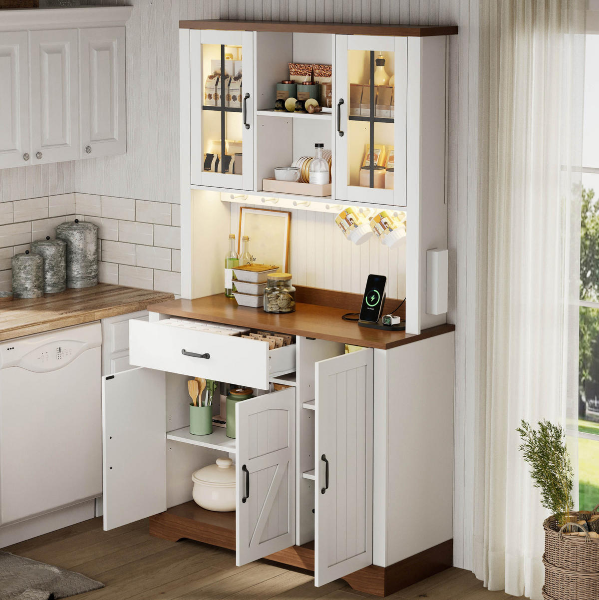 BUFFETSCHRANK 105/40/185 cm natur/weiß aus MDF mit LED - Naturfarben, Holzwerkstoff (105/185/40cm) - OKWISH