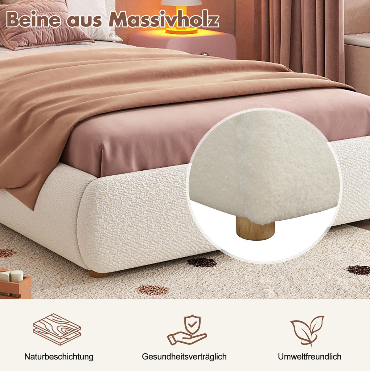 DETSKÁ posteľ 90/200 cm biela s LED osvetlením a úložným priestorom z látky bouclé - biela, textil (90/200cm) - OKWISH
