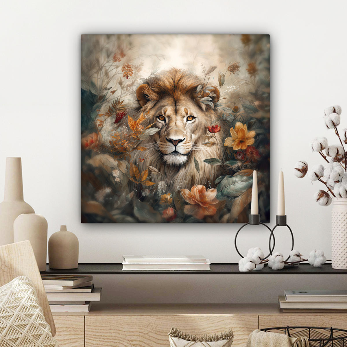 LEINWANDBILD Löwe - Wildtiere - Pflanzen - Natur - Blumen Wandbild Wohnzimmer 50x50 cm - Beige, Textil (50/50cm) - MuchoWow