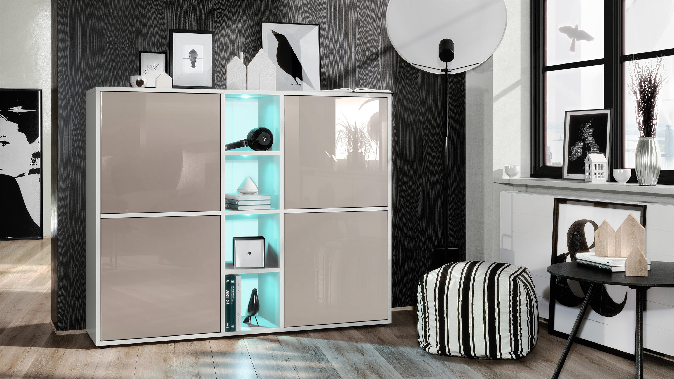 HIGHBOARD Cuba Türen in Sandgrau Hochglanz - Sandfarben, Holzwerkstoff (130.5/105.5/35.5cm) - Vladon