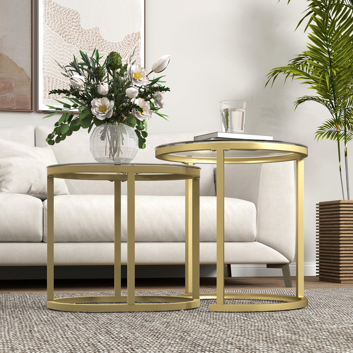 COUCHTISCH rund 2er Set Stapelbarer Beistelltisch mit Stahlrahmen für Wohnzimmer - Goldfarben, Metall (50/50/50.5cm) - HOMCOM