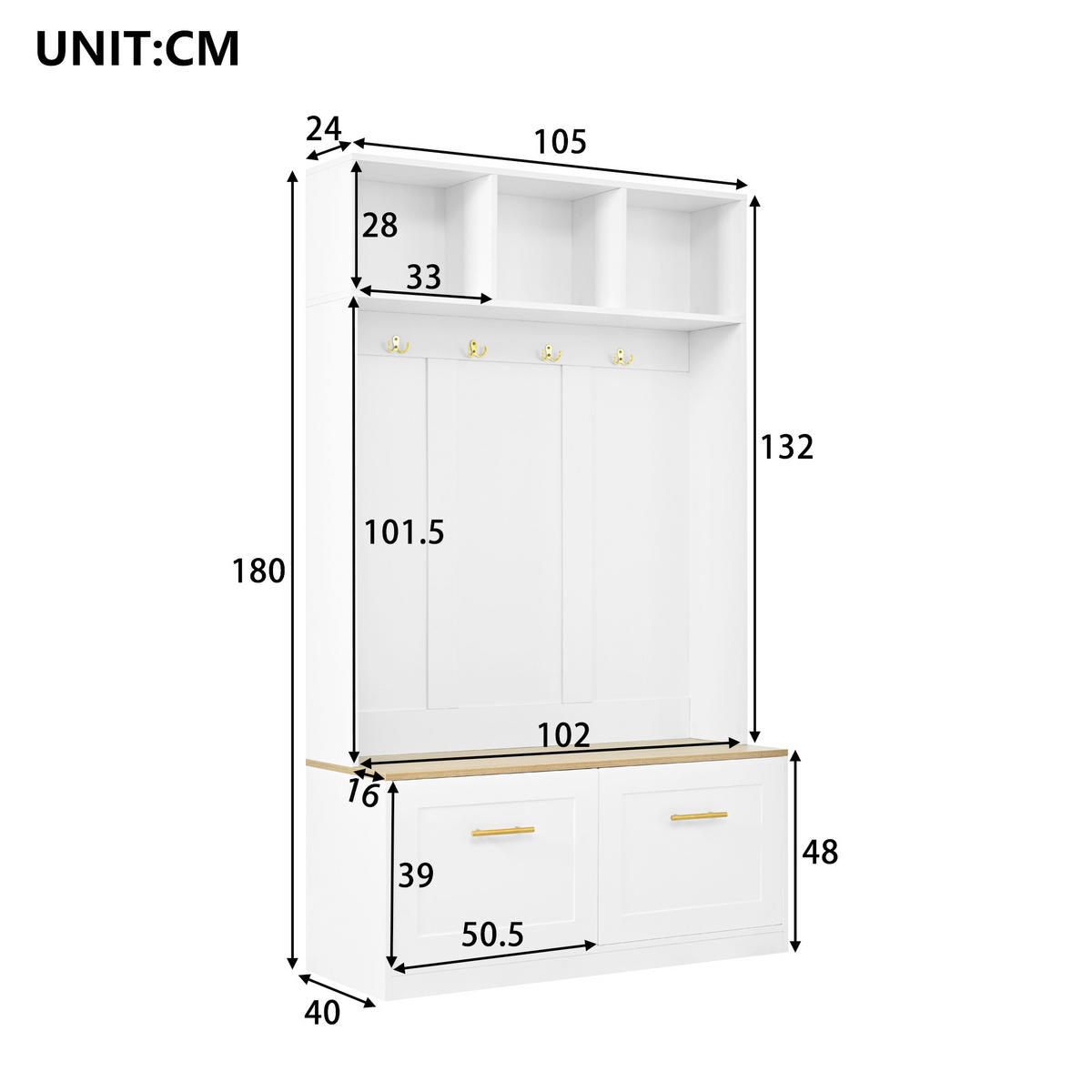GARDEROBENSET Kompakt mit Sitzbank Natur Weiß 105x40x180cm 4 Haken - Multicolor, Holzwerkstoff (40/180/105cm) - FLIEKS