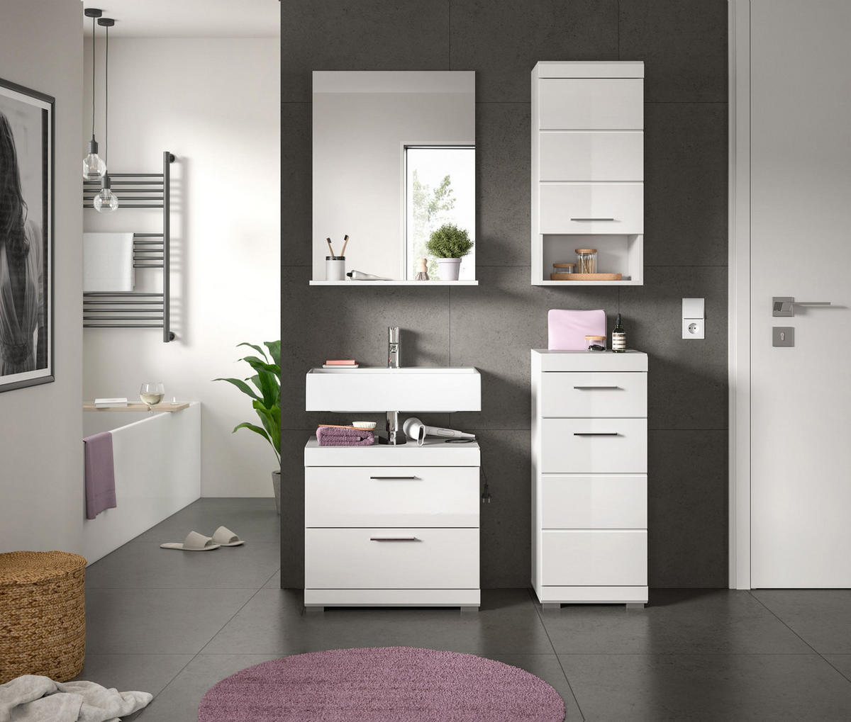 BADKOMBINATION 4tlg. Scout Bad in weiß Nachbildung und weiß hochglanz B/H/T: 112x191x34 cm - Weiß, Holz (112/191/37cm)