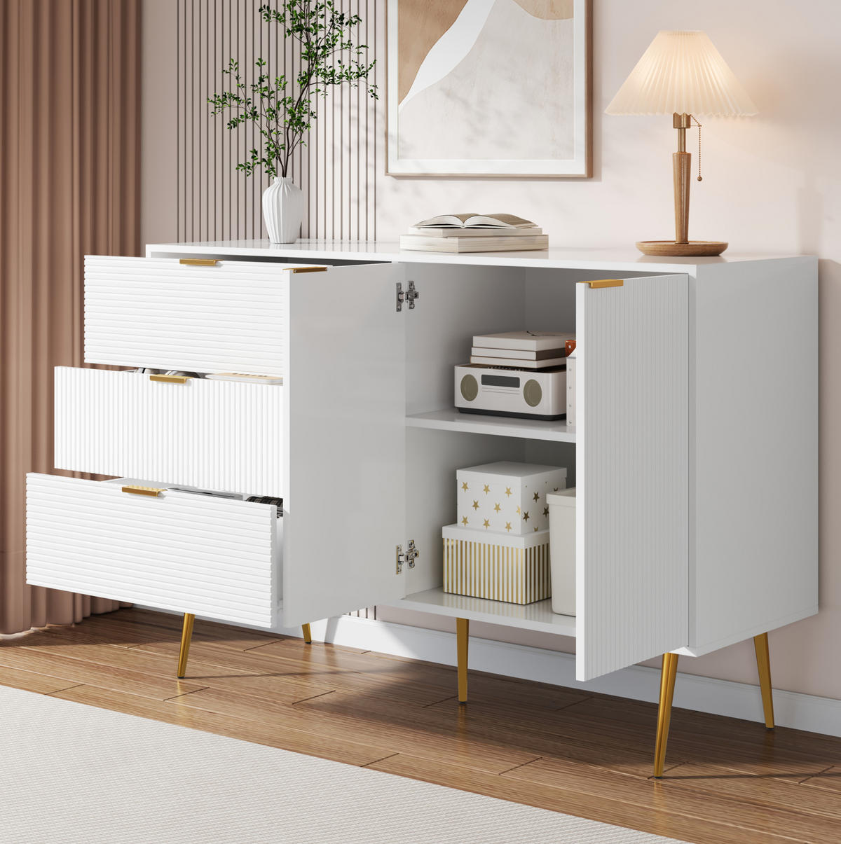 SIDEBOARD 120/38/80,5 cm aus MDF mit Wellenmuster und 3 Schubladen Weiß/Gold - Weiß, Holzwerkstoff (120/80.5/38cm) - Modenvie