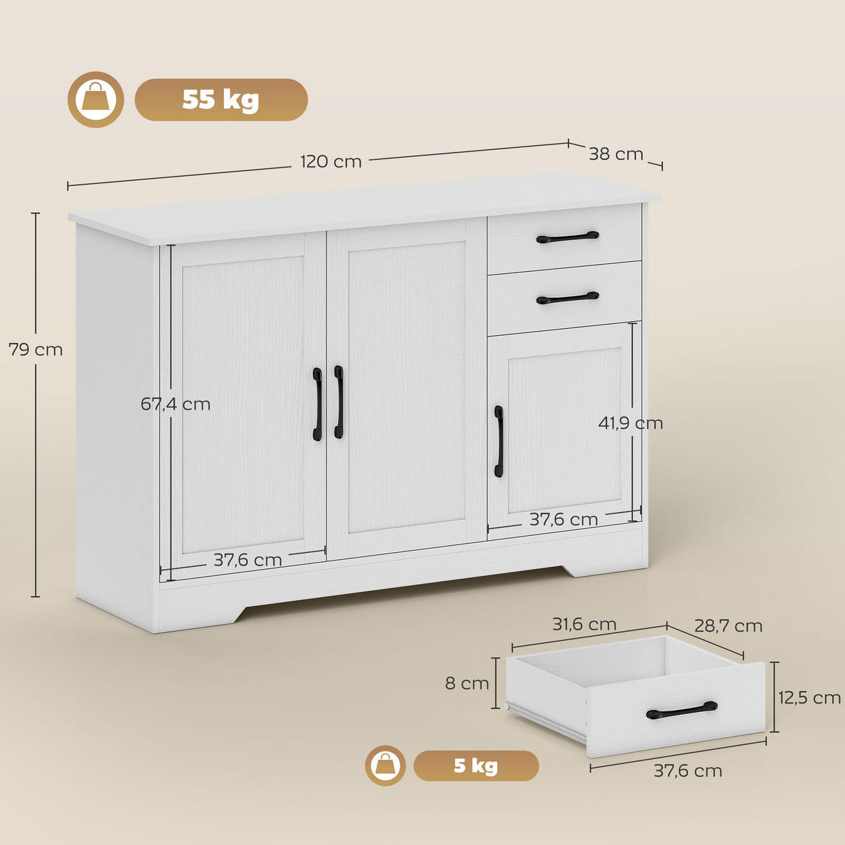 SIDEBOARD Weiß, 3 Türen, 2 Schubladen, 120/38/79 cm - Weiß, Holz (120/79/38cm) - PANGIVO