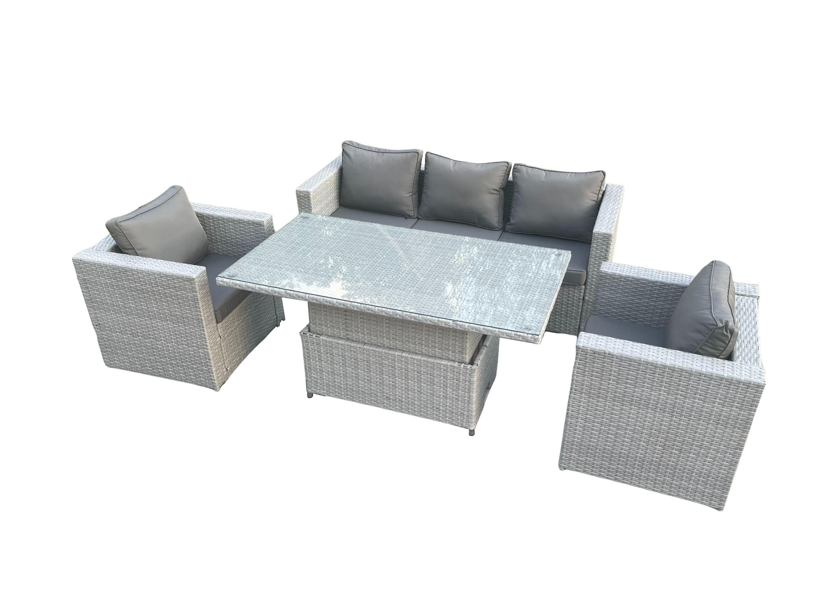 GARTENSOFA SET mit höhenverstellbarer Tisch Polyrattan Helles Grau 5-Sitzer - Hellgrau, Metall - Fimous
