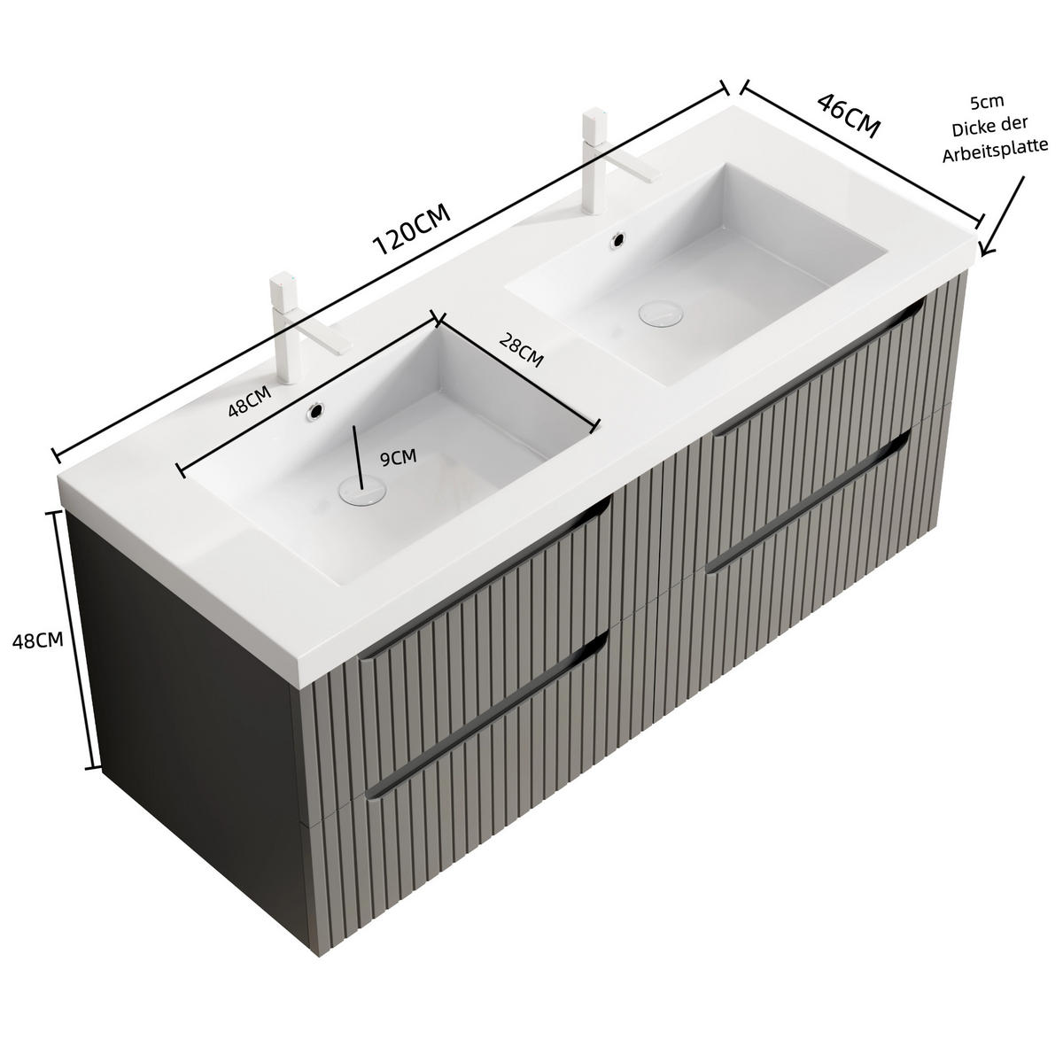 WASCHTISCHKOMBI 120x46x53cm Dunkelgrau/Weiß mit Kunststeinbecken - Dunkelgrau, Kunststoff (120/53/46cm) - Modfu
