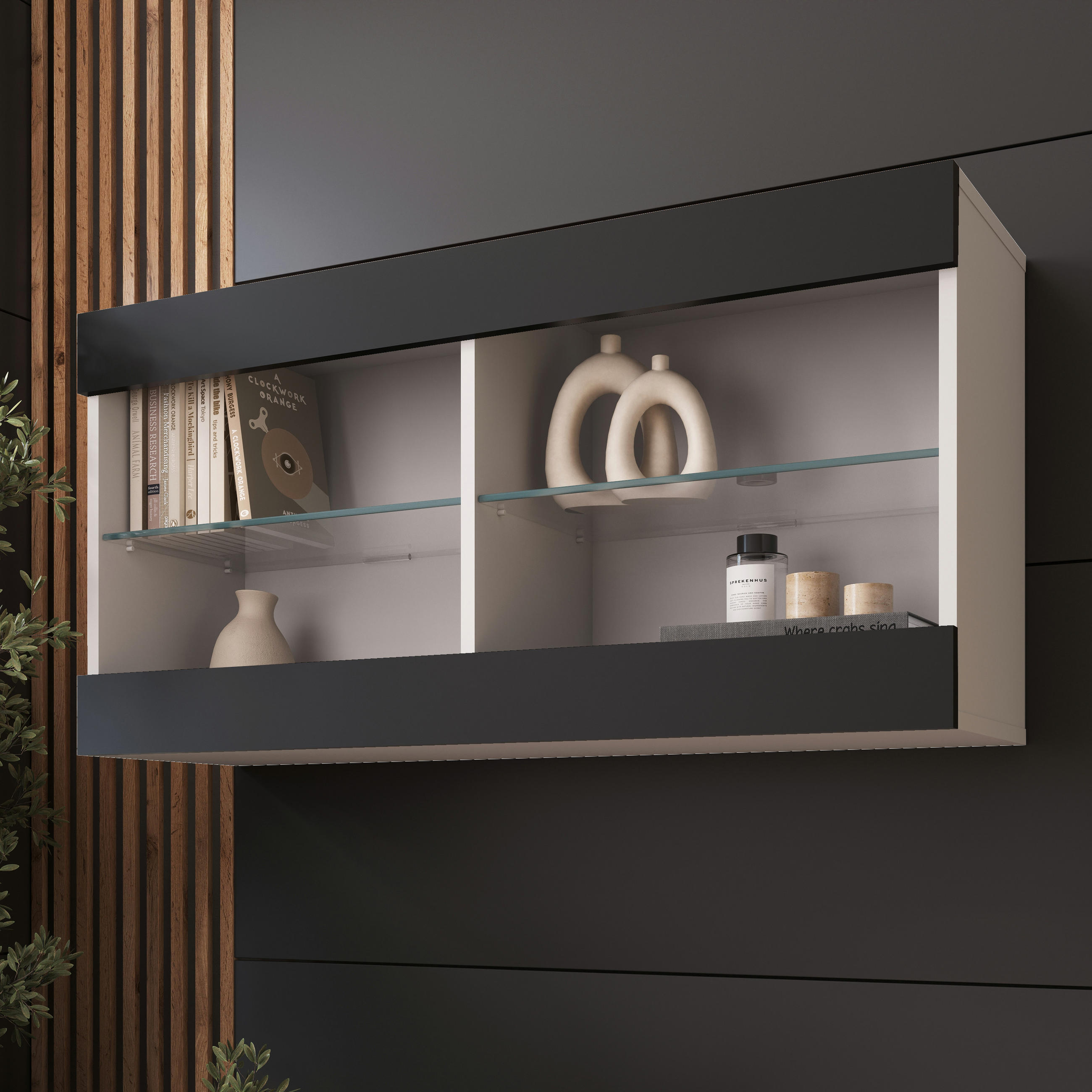 HÄNGEVITRINE TIVOLI HORIZONTAL 100, Schwarz - Schwarz/Weiß, Glas/Holzwerkstoff (100/50/29.5cm) - Komodee