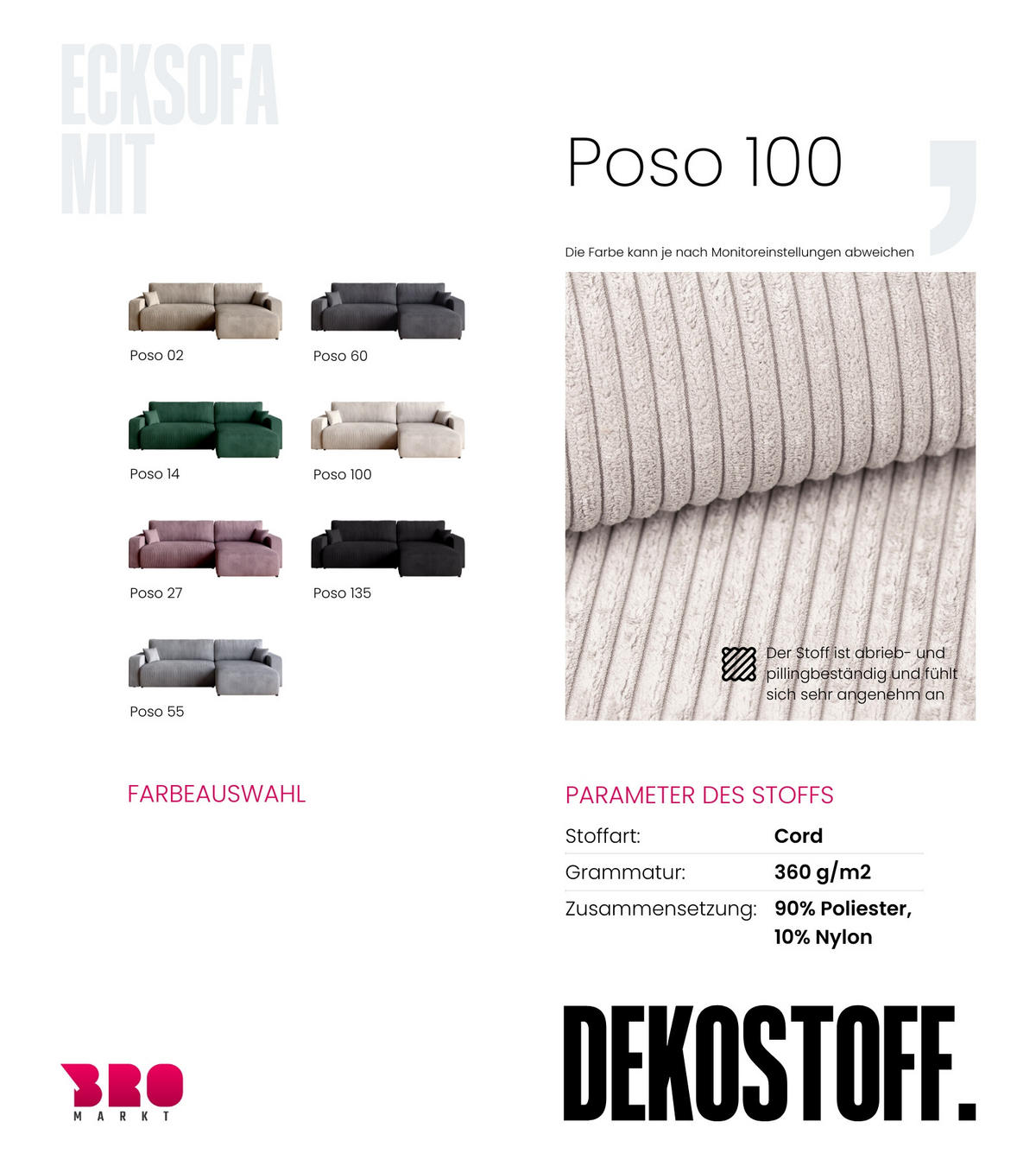 ECKSOFA PUMI XL mit Schlaffunktion Vanille Cord - Creme, Textil (274/148cm) - Bromarkt
