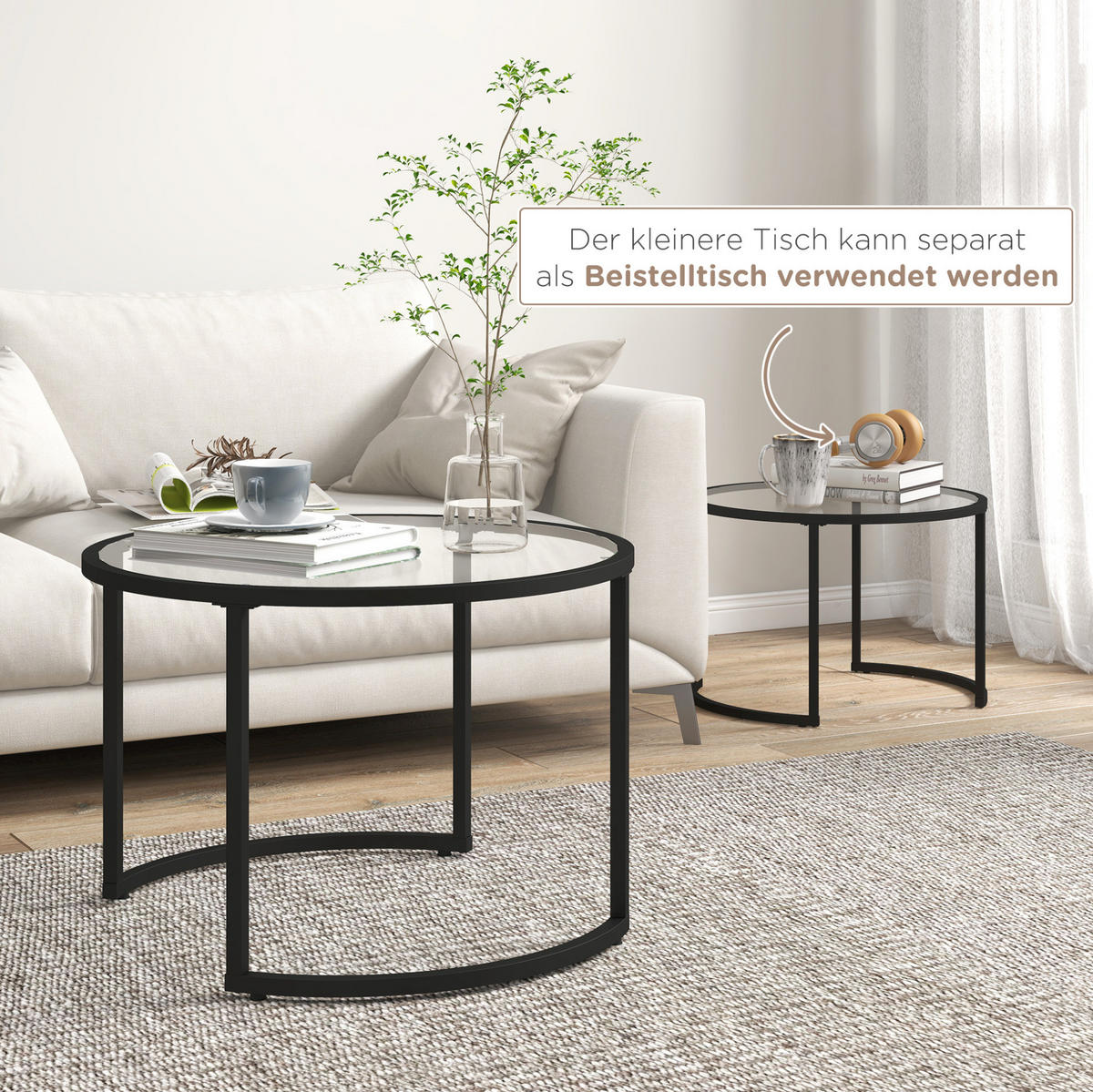 COUCHTISCH 2er-Set 70/47,5 & 54/42,5 cm aus Glas und Stahl, teilweise stapelbar - Schwarz, Metall (70/70/47.5cm) - Flora Grace
