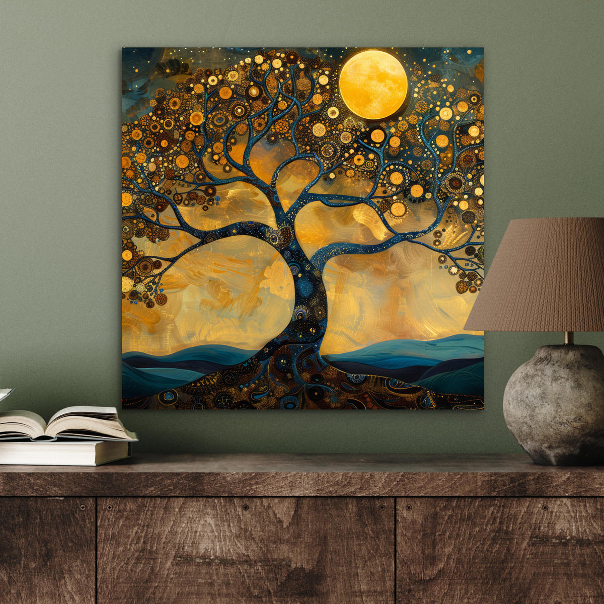 KOVOVÝ OBRAZ Strom - Mesiac - Kvety - Zlato - Umenie 50x50 cm - oranžová, kov (50/50cm) - MuchoWow