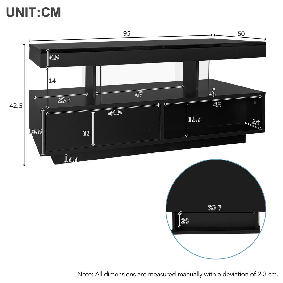 COUCHTISCH mit LED 95x50x42,5 cm Hochglanz Schwarz mit 2 Schubladen - Schwarz, Holzwerkstoff (95/50/42.5cm) - Meubliv