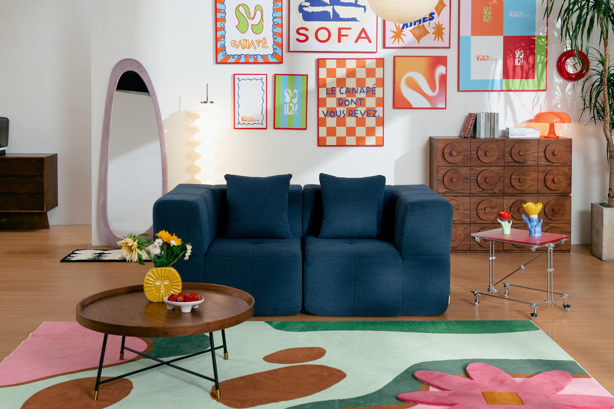 2-MIESTNA pohovka bouclé tkanina tmavomodrá - modrá, textil (180/73/95cm) - MILYsofa