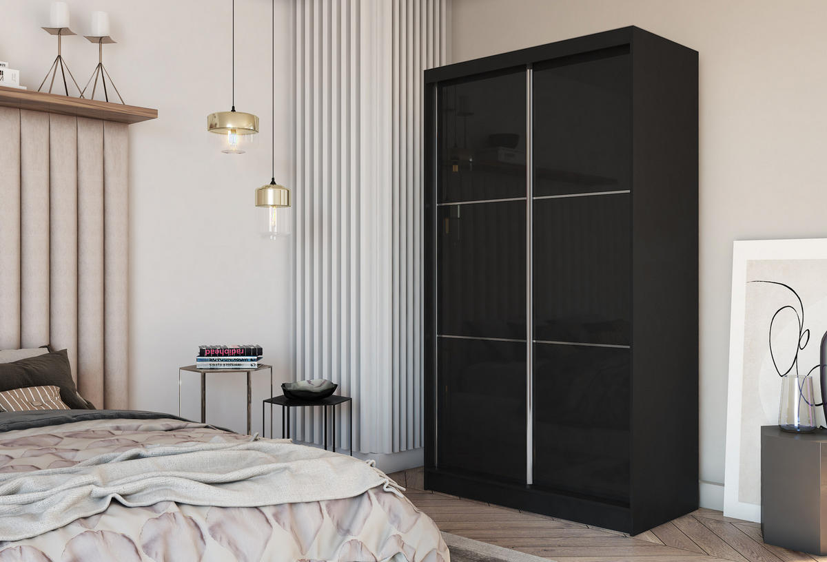 SCHWEBETÜRENSCHRANK Vena 120 cm 2-türig, schwarz, lacobel schwarz - Schwarz, Holz/Kunststoff (120/216/61cm) - Margaret Hadas24