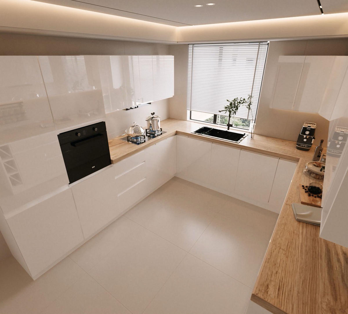 WINKELKÜCHE 320 cm x 280 x 260 cm - Aspen KA17-M320 - in Weiß/Hochglanz - Weiß Hochglanz, Holz (860/212/58cm)