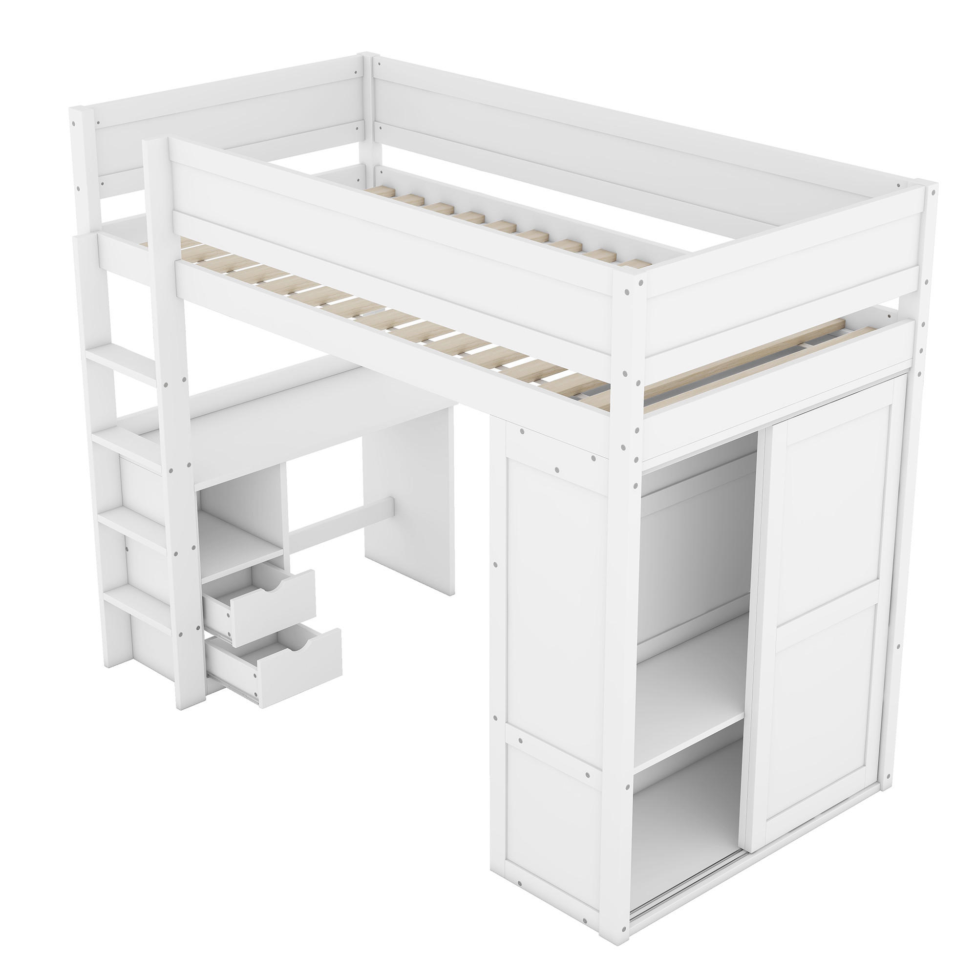 HOCHBETT 90/200 cm DE-04785, mit Kleiderschrank, Schreibtisch und Schubladen in Weiß - Weiß, Holz/Holzwerkstoff (90/200cm) - ComfortXL