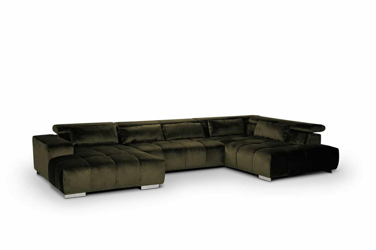 WOHNLANDSCHAFT XXL mit verstellbaren Kopflehnen, Velvet-Stoff - Silberfarben/Grün, Textil/Metall (225/73/409cm) - Cotta