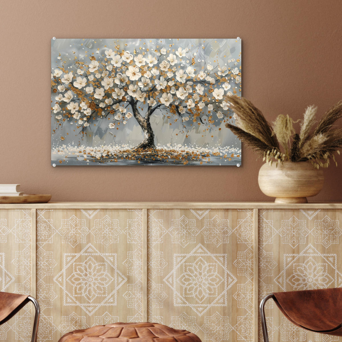 ACRYLGLASBILD Baum - Blumen - Weiß - Natur - Kunst 60x40 cm - Weiß, Glas (60/40cm) - MuchoWow