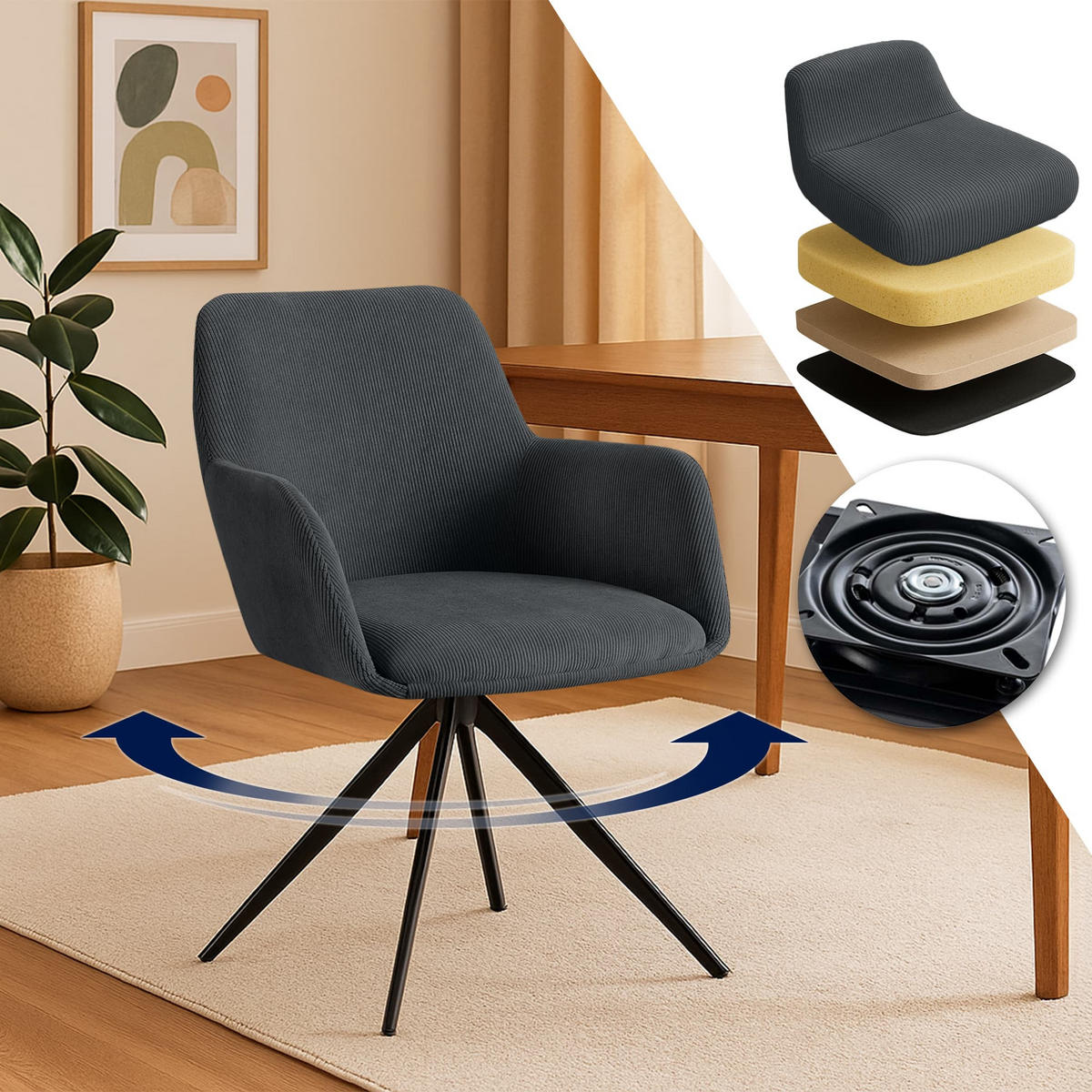 ESSZIMMERSTUHL Cord Schwarz - Schwarz, Textil/Metall (56/81/62cm) - CLP