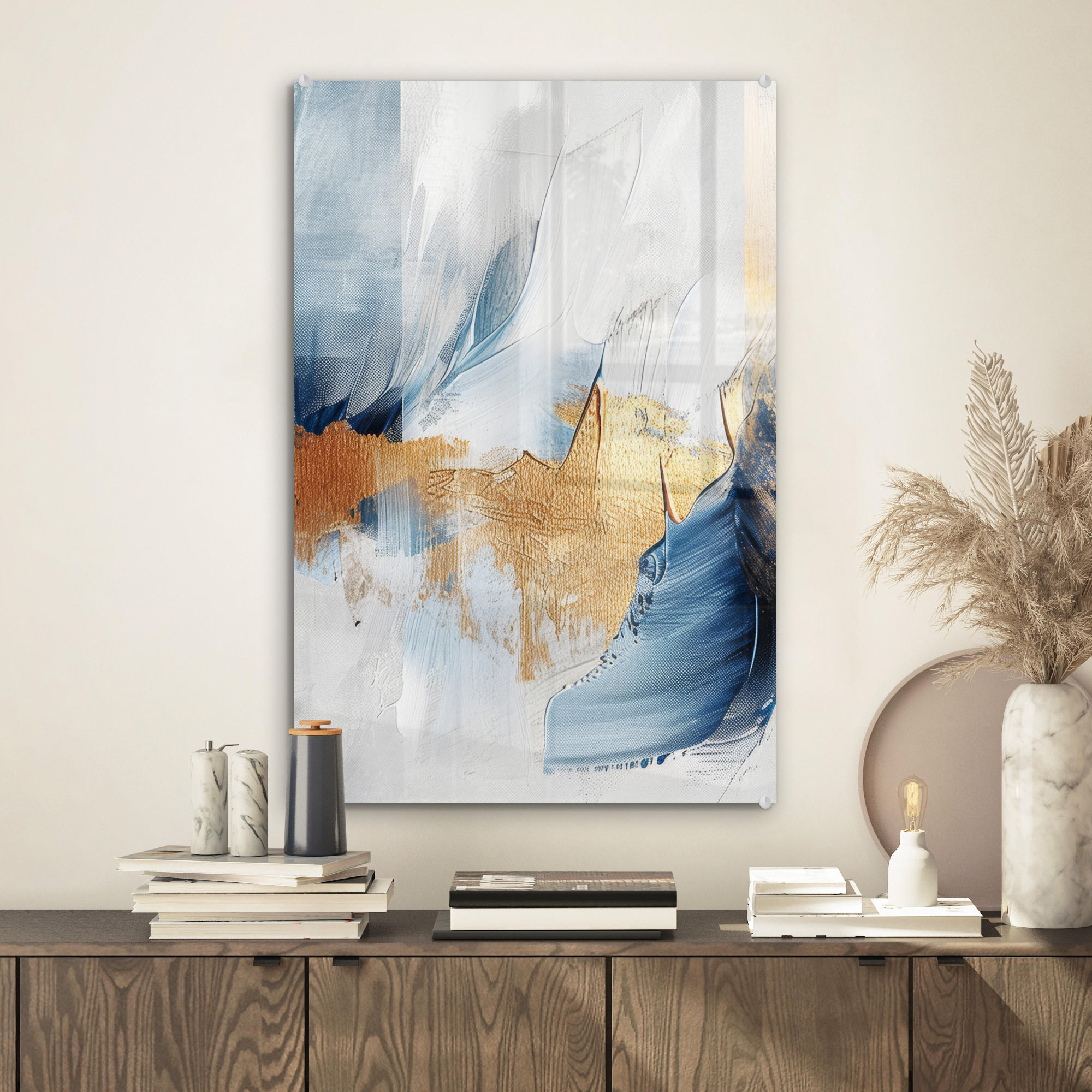 ACRYLGLASBILD Gold - Blau - Aquarell - Kunst - Modern 40x60 cm - Hellblau, Glas (40/60cm) - MuchoWow