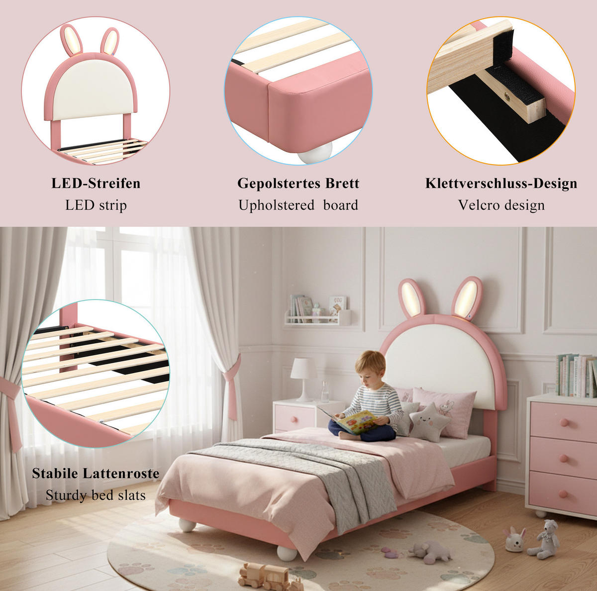 KINDER-POLSTERBETT 90/200 cm Rosa/Weiß aus PU mit Hasen-Kopfteil und LED-Lichtleiste - Pink, Kunststoff (90/200cm) - OKMYHOME