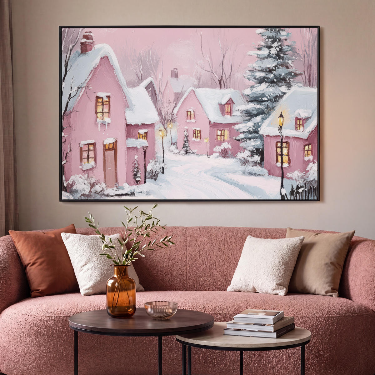 LEINWAND Bilder mit Rahmen - Weihnachtsdorf - Rosa - Winter - Schnee - Häuser - 120x80 - Altrosa, Textil (120/80cm) - MuchoWow