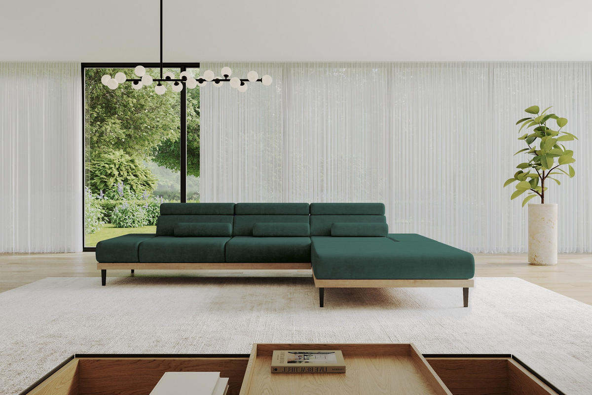 ELEKTRISCHES ECKSOFA Rechts MONA 316x205x85 Grün Velours - Dunkelgrün/Grün, Holzwerkstoff/Textil (316/205cm) - ALTDECOR