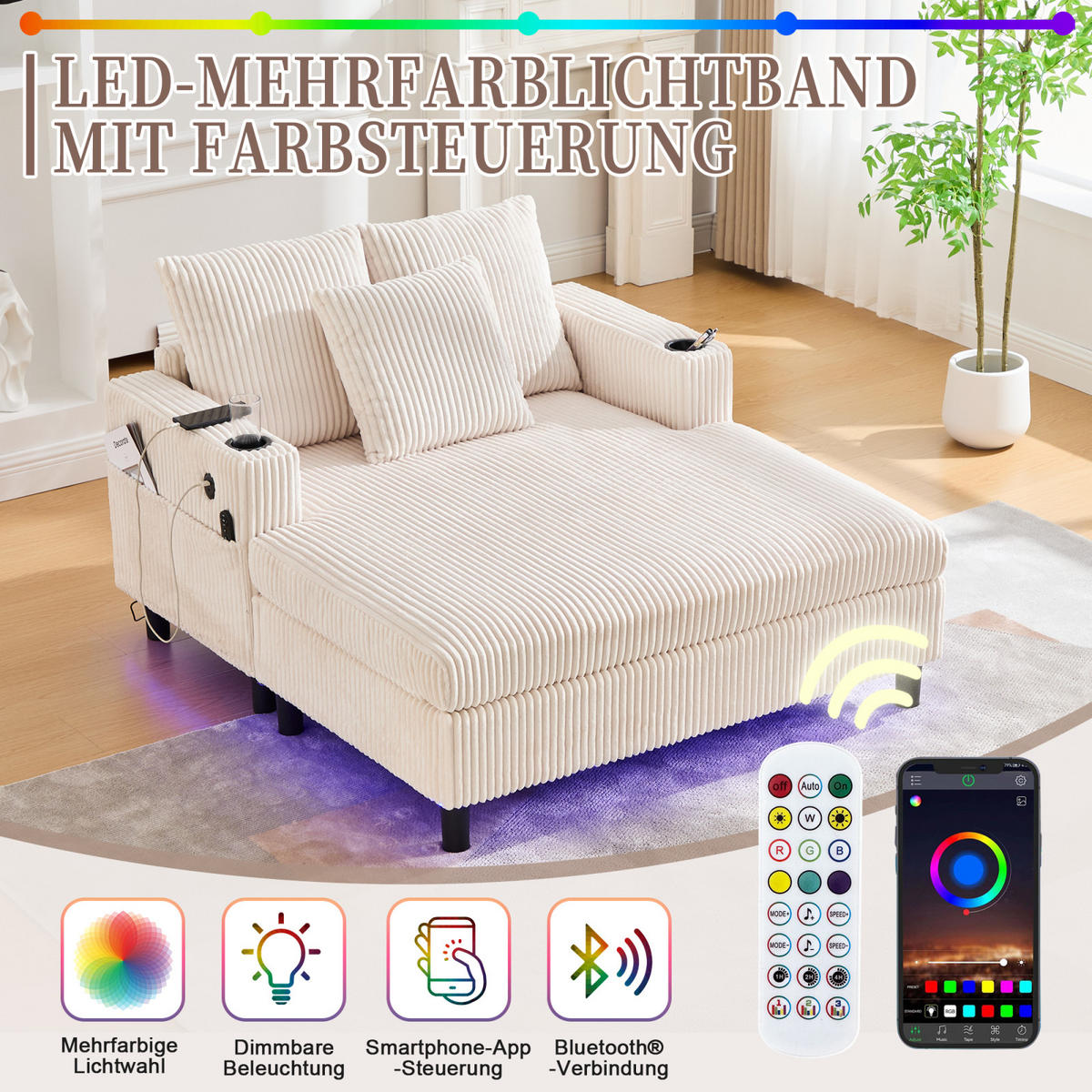 SCHLAFSOFA,SCHLAFCOUCH Sofa Beige, Cord Sessel mit LED USB und Getränkehalter - Beige, Textil (142/85/128cm) - PARAFTA HOME