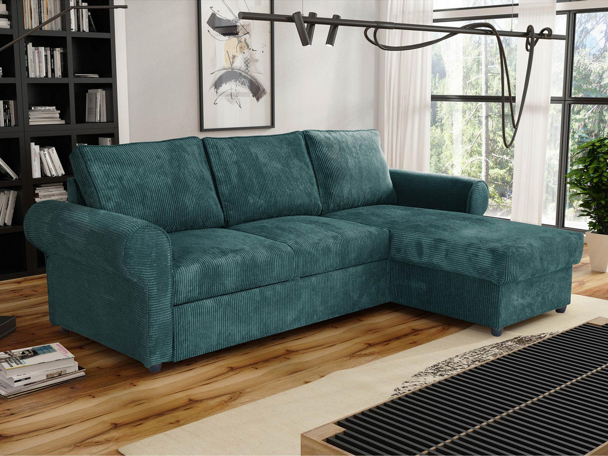 ECKSOFA Monaco Cord - Türkis/Schwarz, Holz/Textil (246/155cm) - MIRJAN24