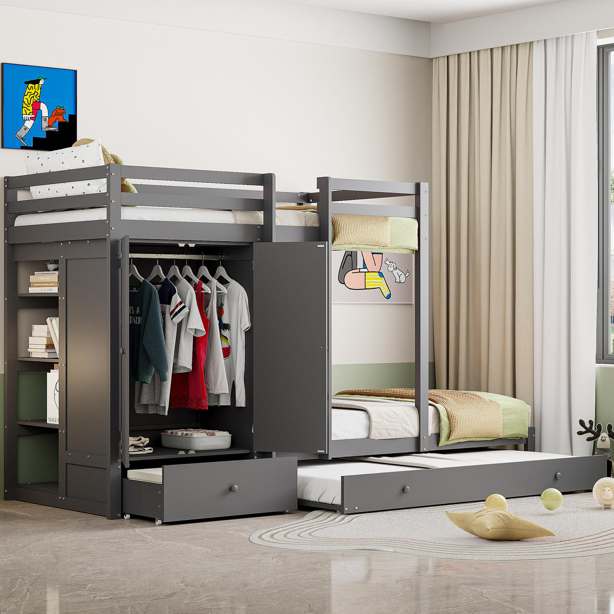 ETAGENBETT 90/200 cm grau mit Ausziehbett und Kleiderschrank - Grau, Holz (90/200cm) - OKWISH
