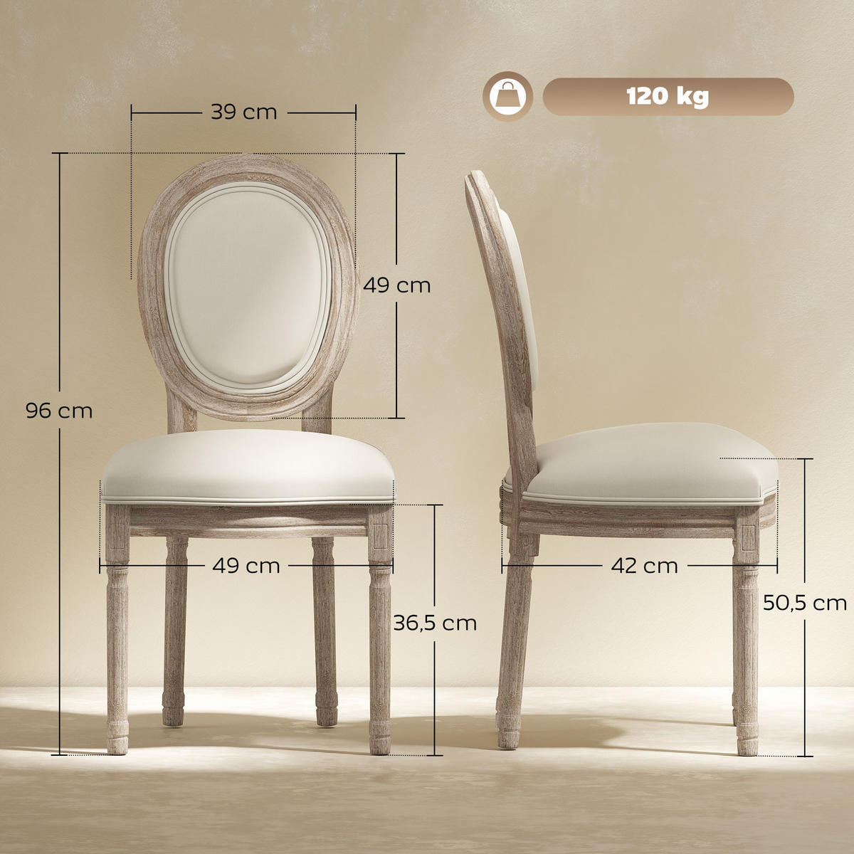 2ER Set Esszimmerstühle Küchenstuhl mit Rattan-Rückenlehne Linen-Touch - Creme, Kunststoff (56/96/49cm) - HOMCOM