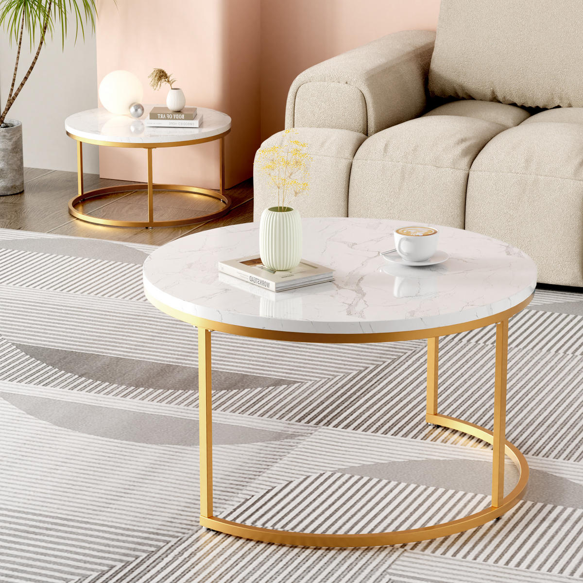 COUCHTISCH 80/45 cm in Weiß/Gold mit 2 Tischen und Marmoroptik - Goldfarben, Holzwerkstoff (80/80/45cm) - OKMYHOME