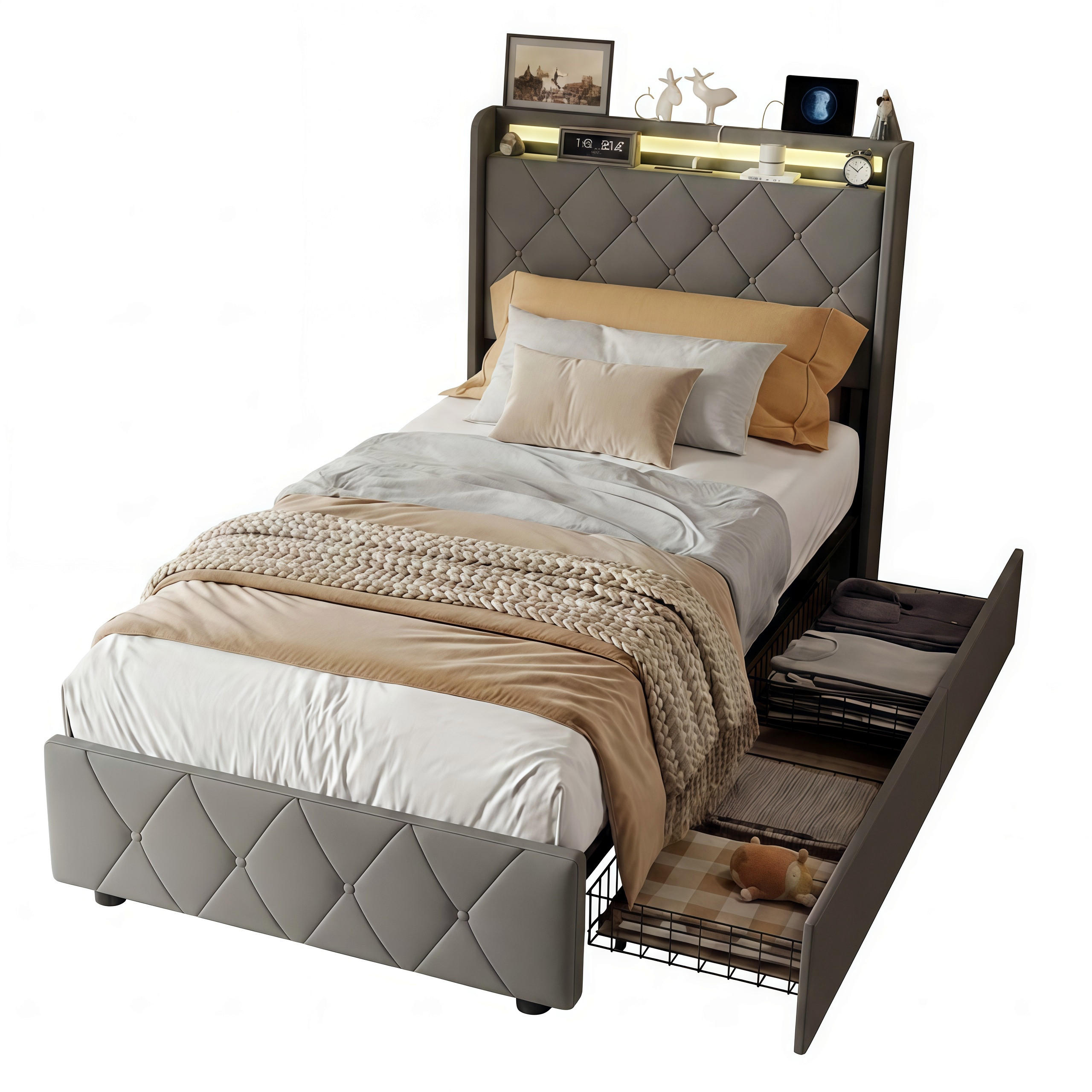 POLSTERBETT 90x200 cm mit LED und USB-Anschluss, 2 Schubladen de Stauraum, Bettgestell aus Leinen, Inklusive Lattenrost - Grey - Grau, Holzwerkstoff (90/200cm) - Brevoria