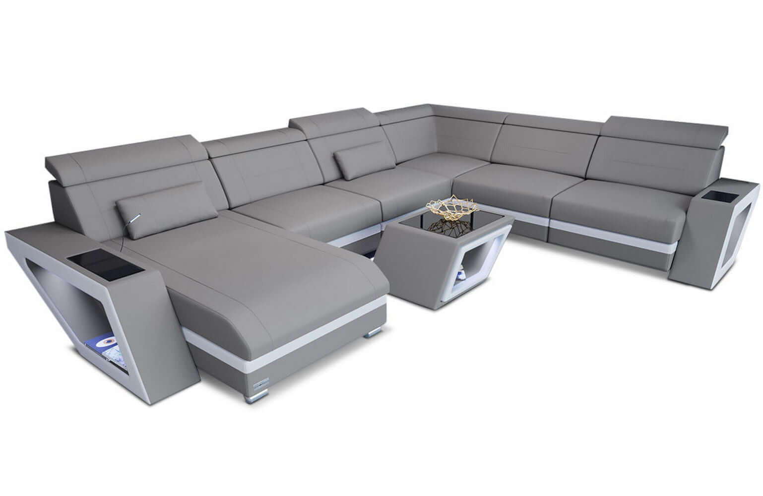 WOHNLANDSCHAFT Catania Hellgrau Weiß Mikrofaserstoff - Hellgrau, Kunststoff (349/89/264cm)