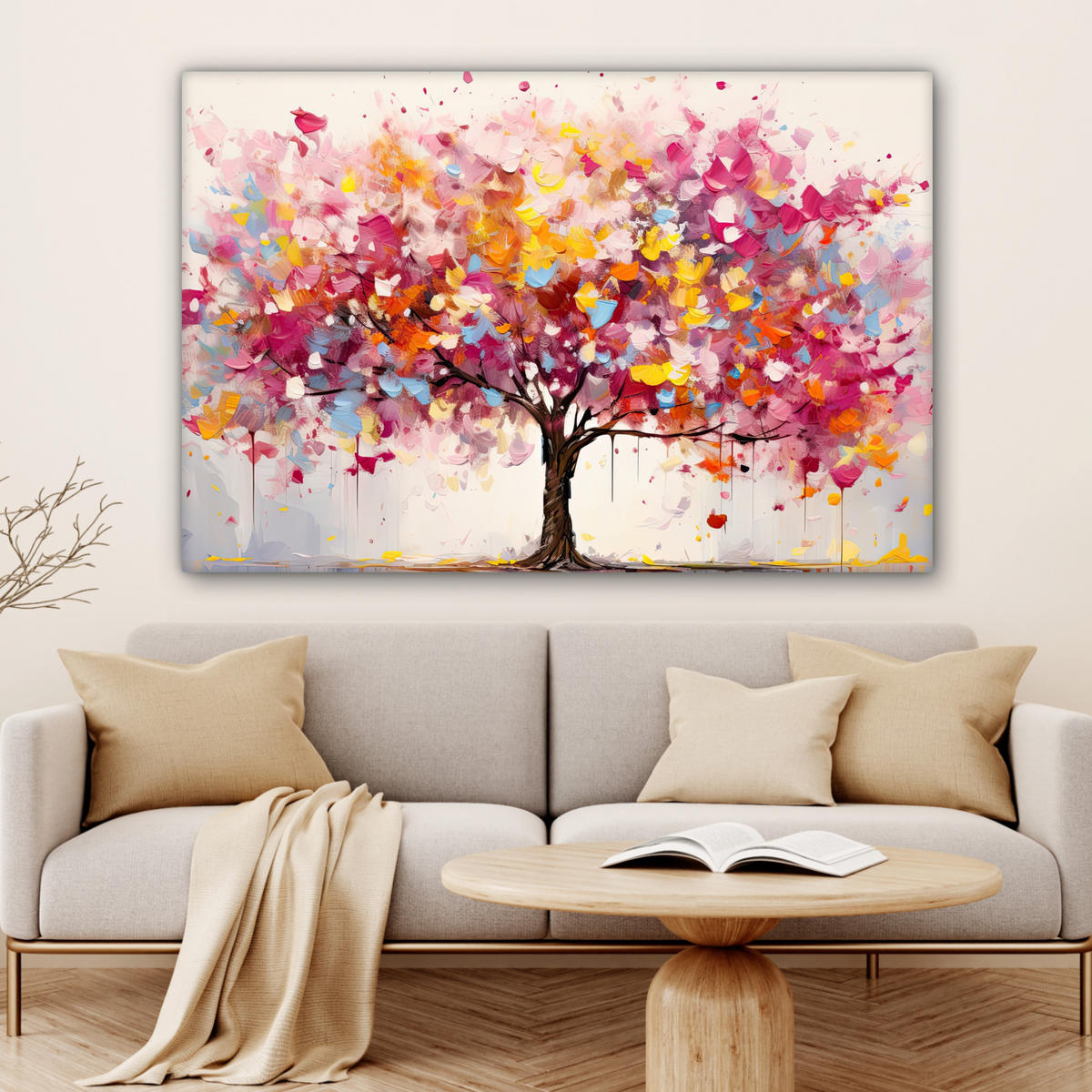 LEINWANDBILD Aquarell - Baum - Kunst - Abstrakt Wohnzimmer Groß 120x80 cm - Multicolor, Textil (120/80cm) - MuchoWow