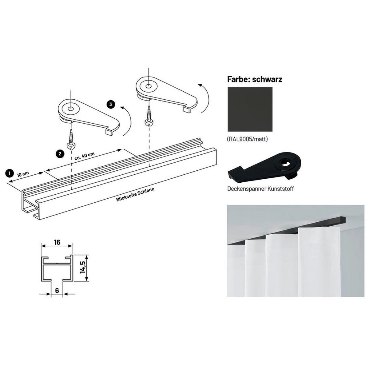 GARDINENSCHIENE 1-lauf Square - Schwarz, Metall (150cm) - Deco-Raum