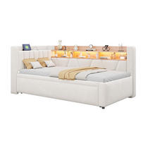 BOXBETT 90/200 mit LED/Regal/USB/Bettkasten, Samt, Beige - Beige, Holz (90/200cm) - LVHOM