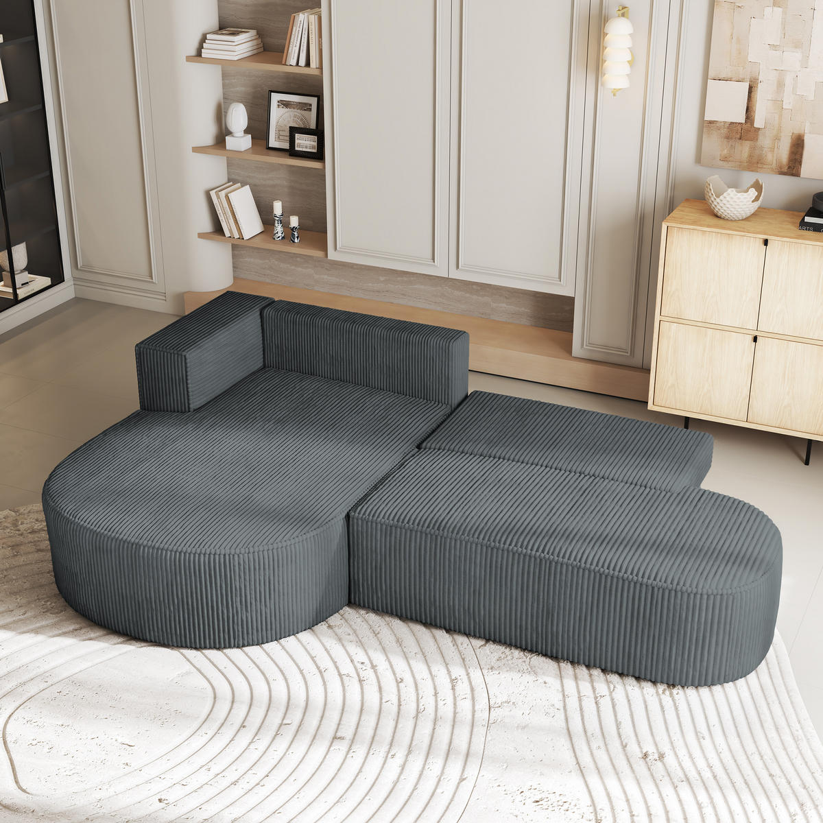 ECKSOFA CORTIO P L-S Grau Kordstoff mit Schlaffunktion - Grau, Holz (265/174cm) - MASSENO