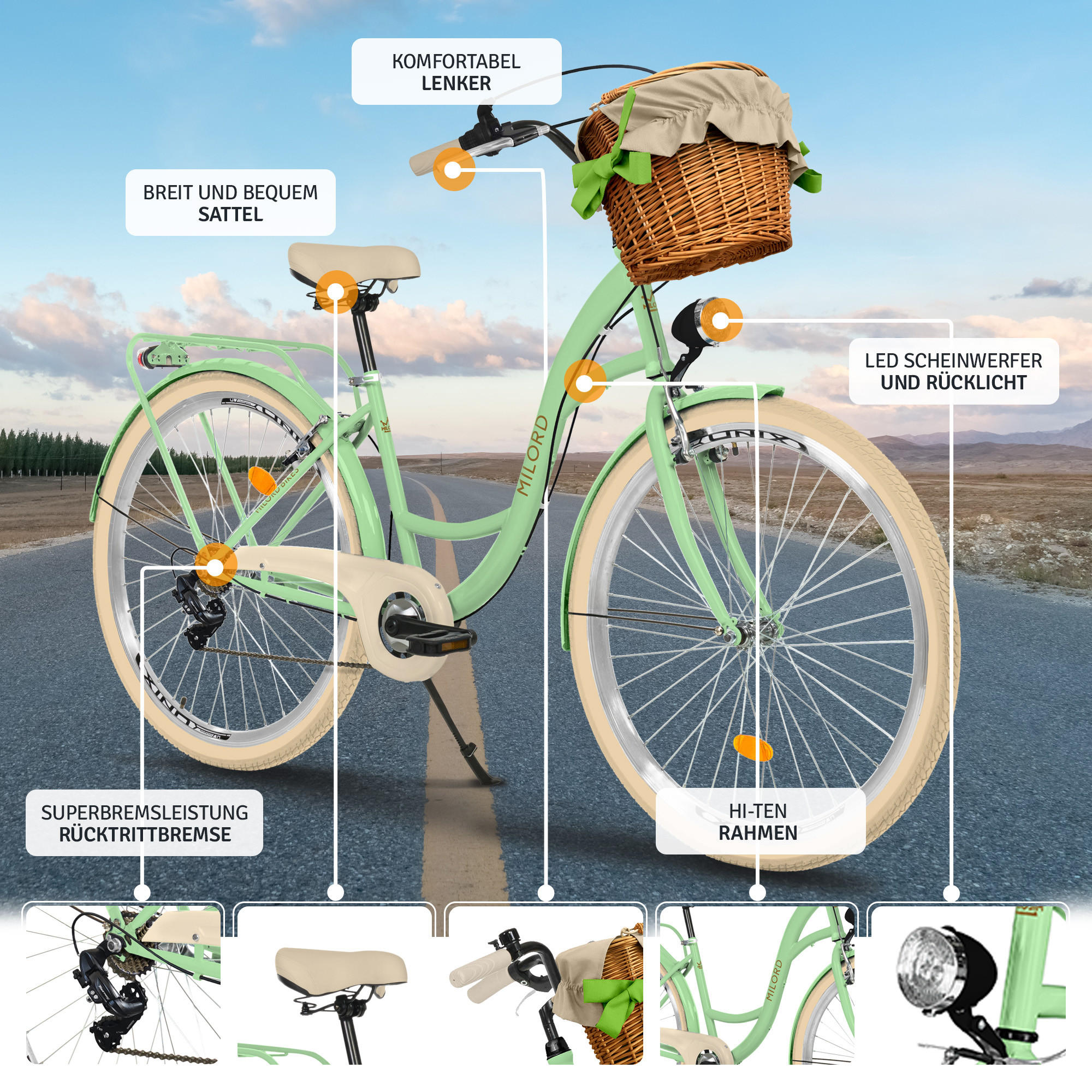 CITY-FAHRRAD Milord mit Weidenkorb, 28 Zoll, Mintze, 7-Gang - Creme/Grün, Metall (46cm) - Milordbikes