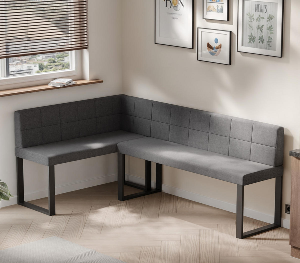 ECKBANK links SANA U Webstoff gesteppt, 142/196 cm Dunkelgrau - Dunkelgrau, Textil/Metall (142/196cm) - Idohome