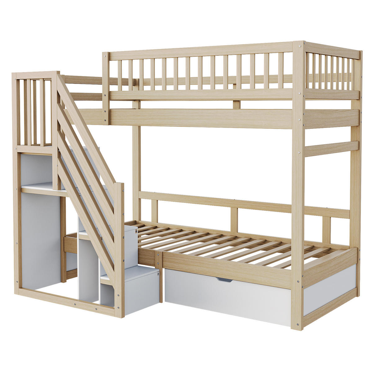 KINDERBETT aus Massivholz 90x200 cm mit Stauraumtreppe & Schublade - Naturfarben, Holz (90/200cm) - Modfu