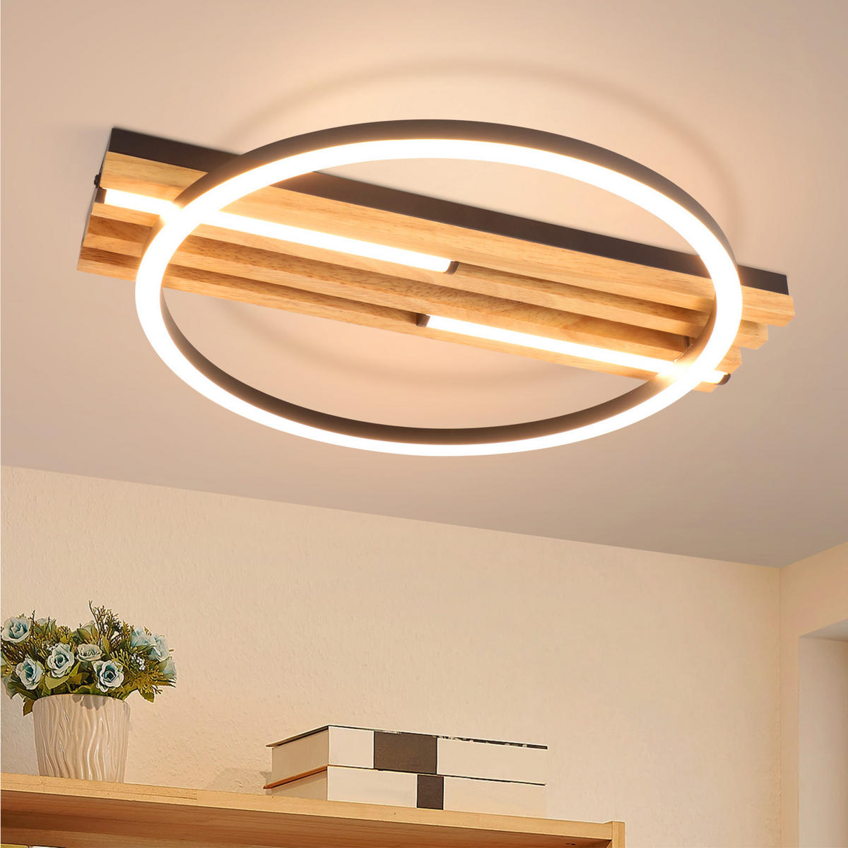LED DECKENLEUCHTE Marenly 38/32/6.8 cm - Schwarz, Holz/Metall (38/32/6.8cm) - ZMH
