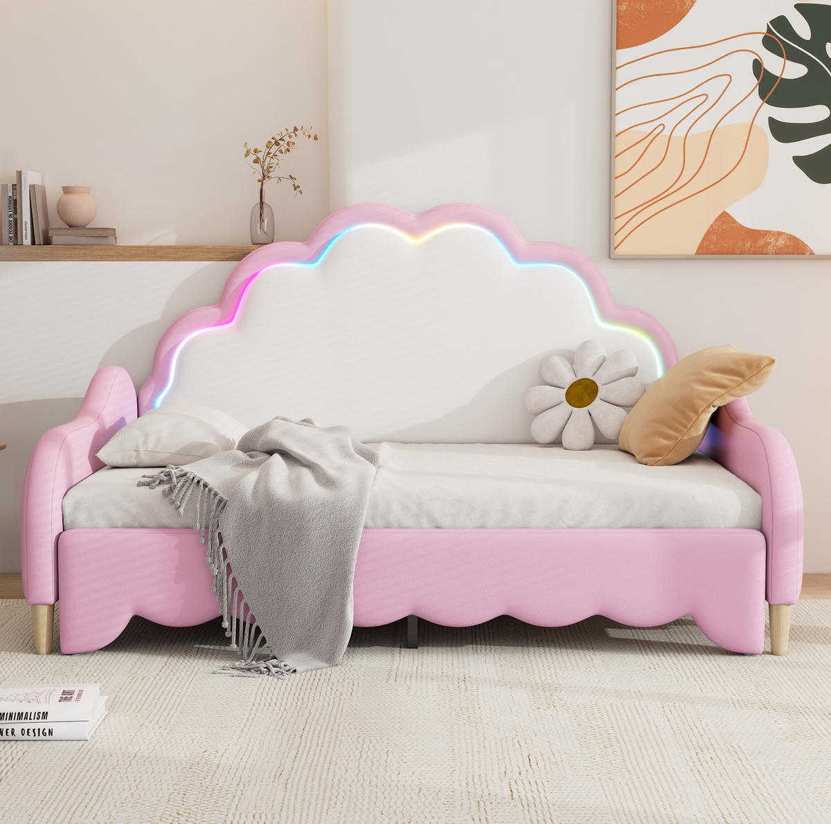 ČALÚNENÁ posteľ z PU a MDF 140x200 cm ružová s LED osvetlením a premenou na pohovku - ružová, plast (140/200cm) - Modfu