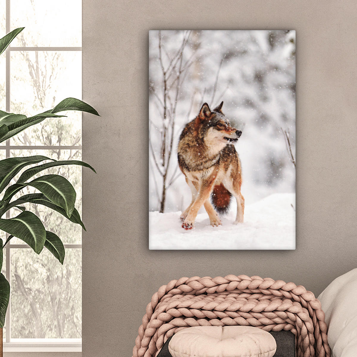 LEINWANDBILD Wolf - Winter - Schnee - Natur - Tiere 60x90 cm - Haselnussfarben, Textil (60/90cm) - MuchoWow