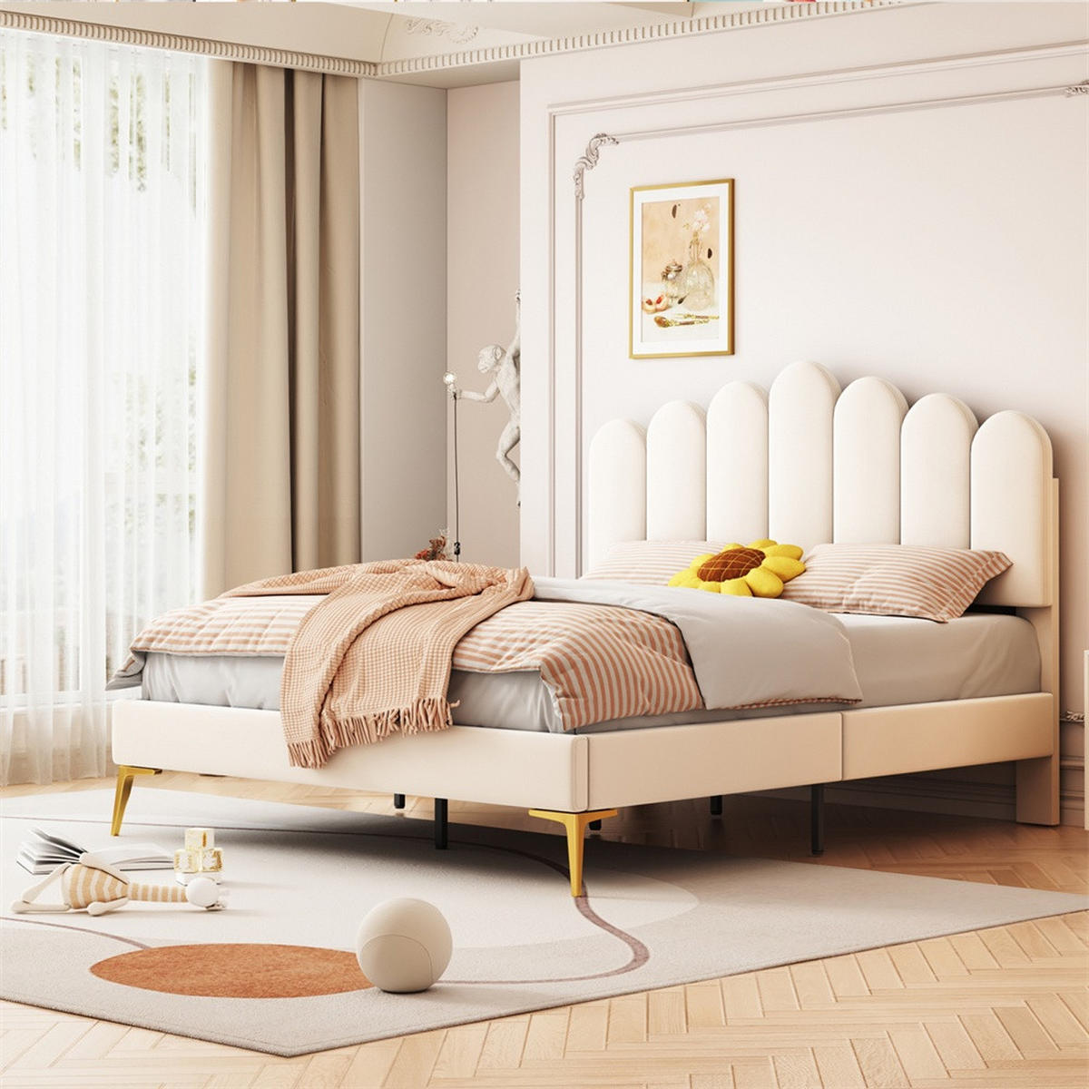 POLSTERBETT 140x200 cm mit höhenverstellbarem Kopfteil - Elegantes geometrisches Design - ohne Matratze - Beige - Beige, Textil (140/200cm) - DELFA