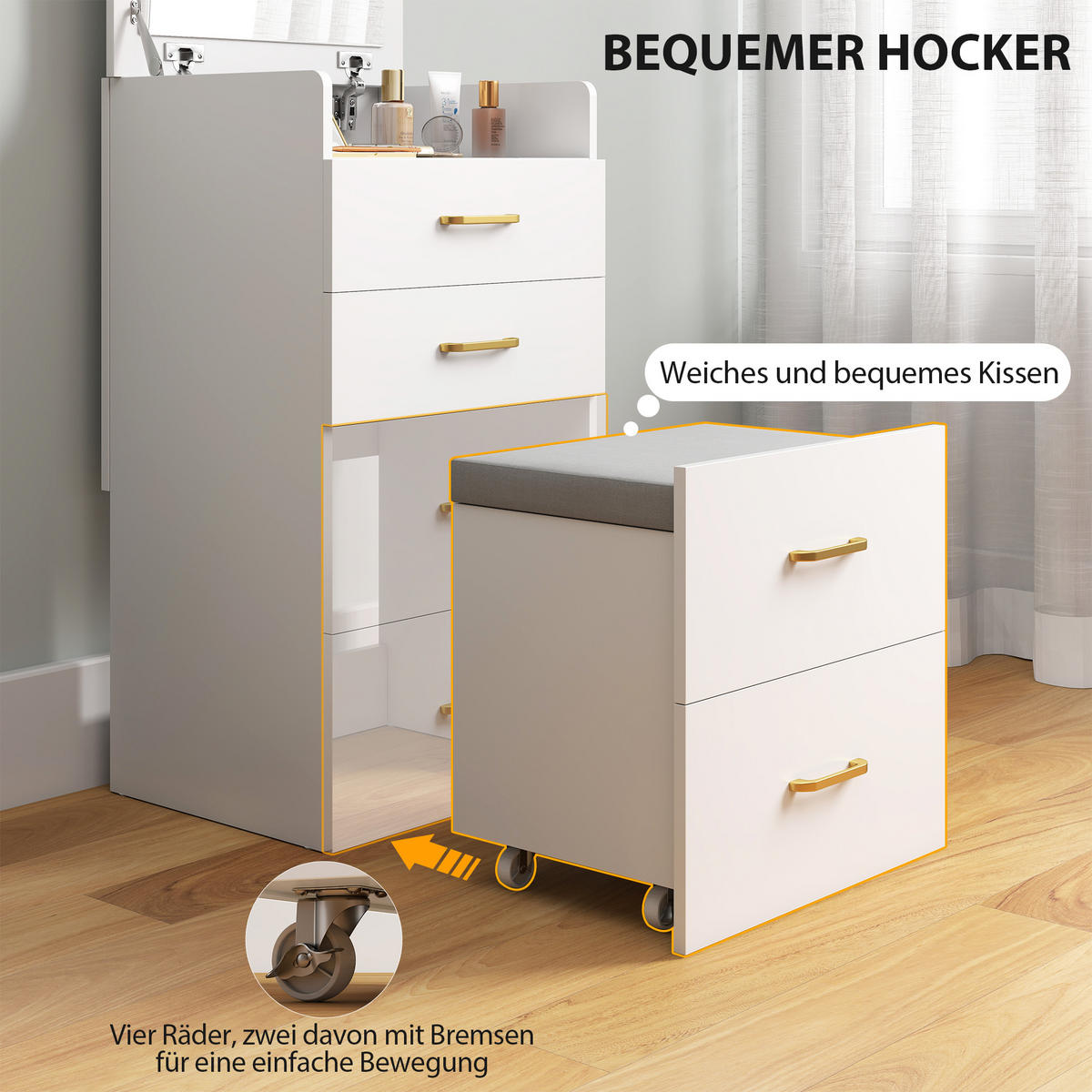 3 in 1 Schminktisch mit Hocker, Kosmetiktisch mit Spiegel, 3 Schubladen - Beige/Weiß, Holzwerkstoff/Textil (40/90/48cm) - HOMCOM
