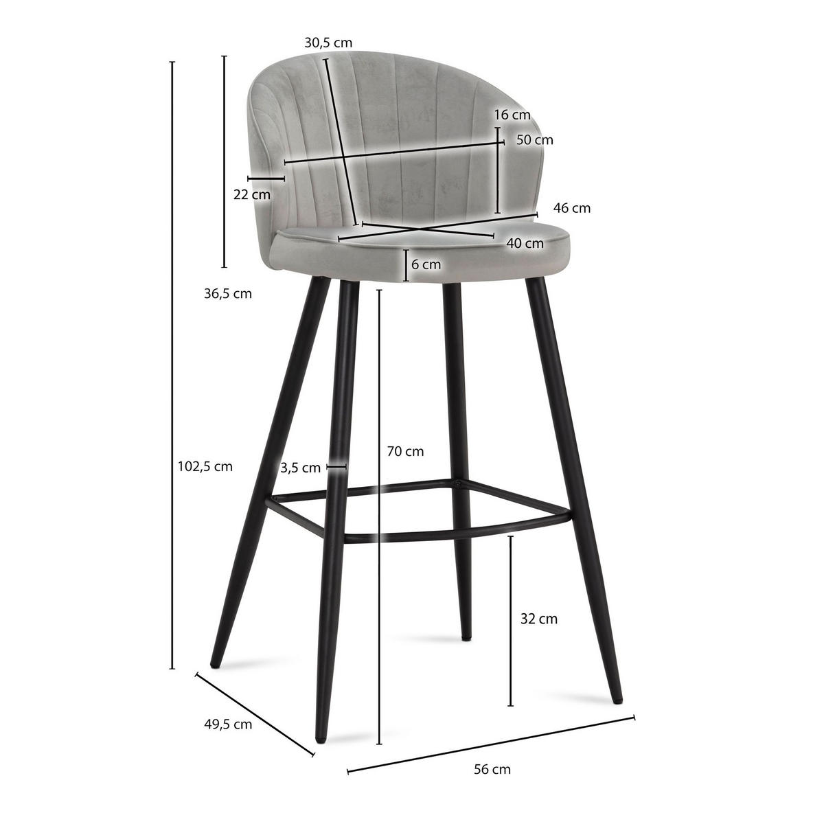 BARHOCKER Samt Lehne Skandi-Stil Stoff Metall Gepolstert, Grau 53x56x103 cm - Schwarz/Grau, Textil/Metall (53/103/56cm) - KADIMA DESIGN