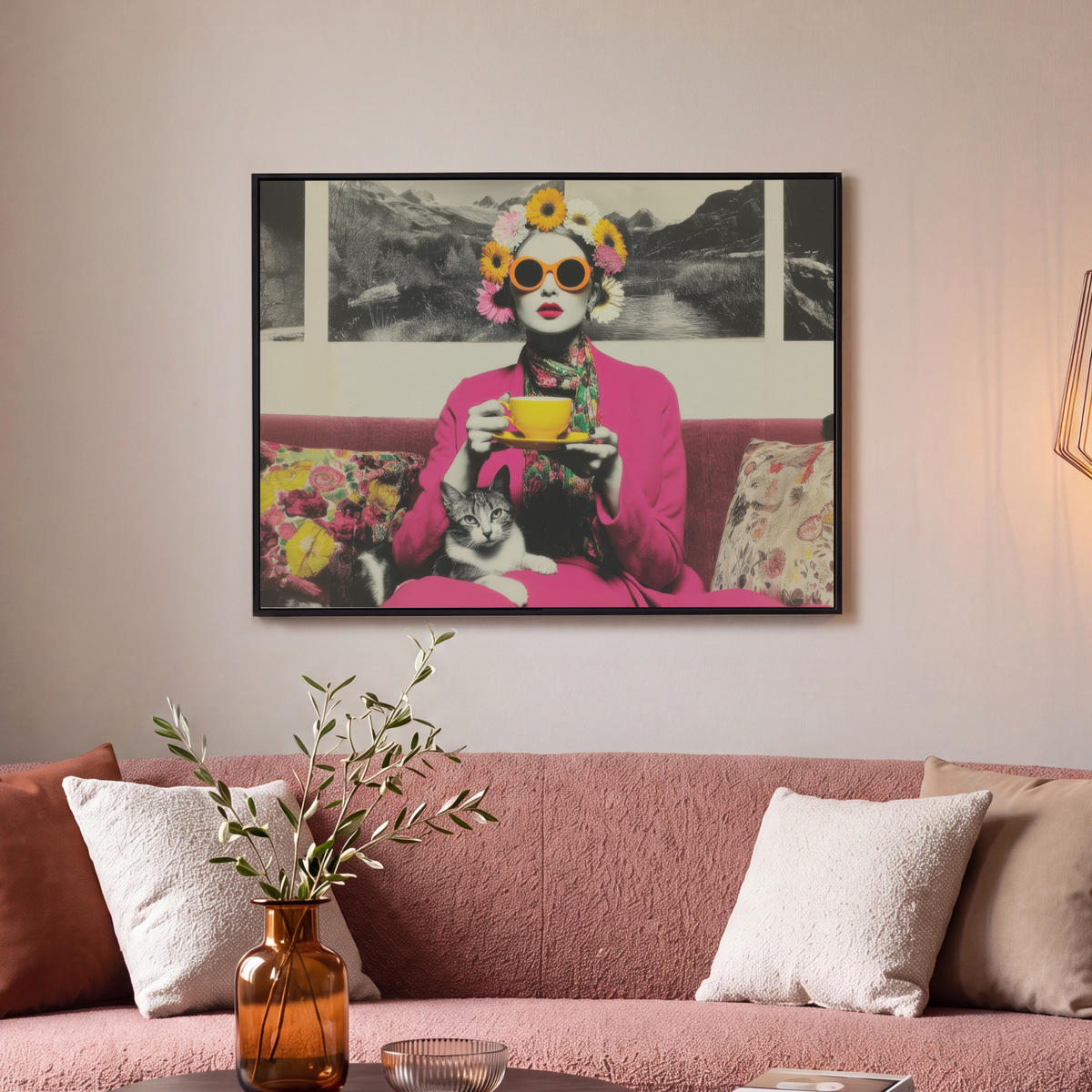 LEINWAND Bilder mit Rahmen - Frau - Katze - Blumen - Tasse - Retro - 70x50 - Magenta, Textil (70/50cm) - MuchoWow