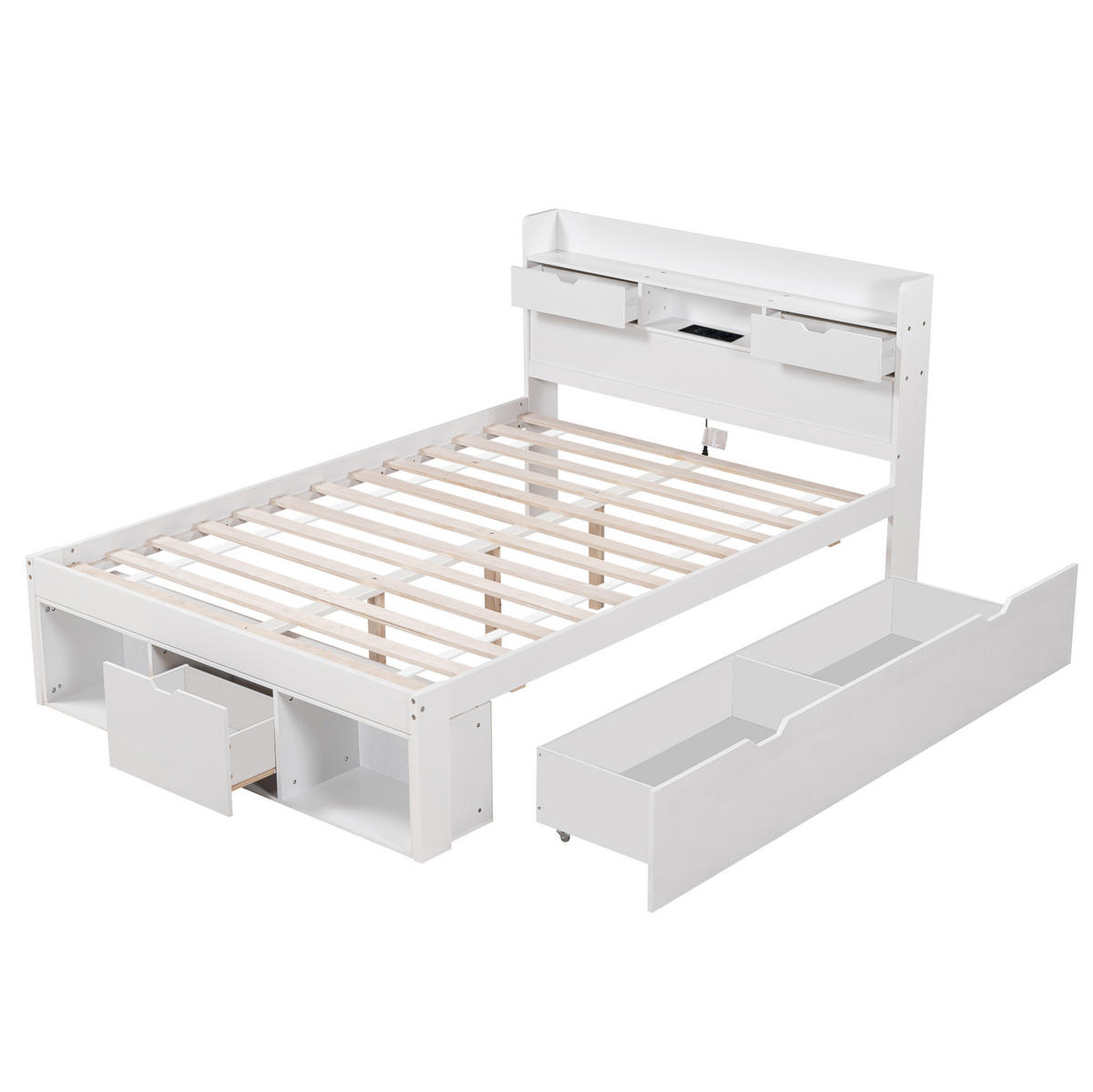 KINDERBETT aus Kiefernholz 140x190 cm Weiß mit Stauraum, USB-Anschluss und Steckdosen - Weiß, Holz (140/190cm) - IVMEU