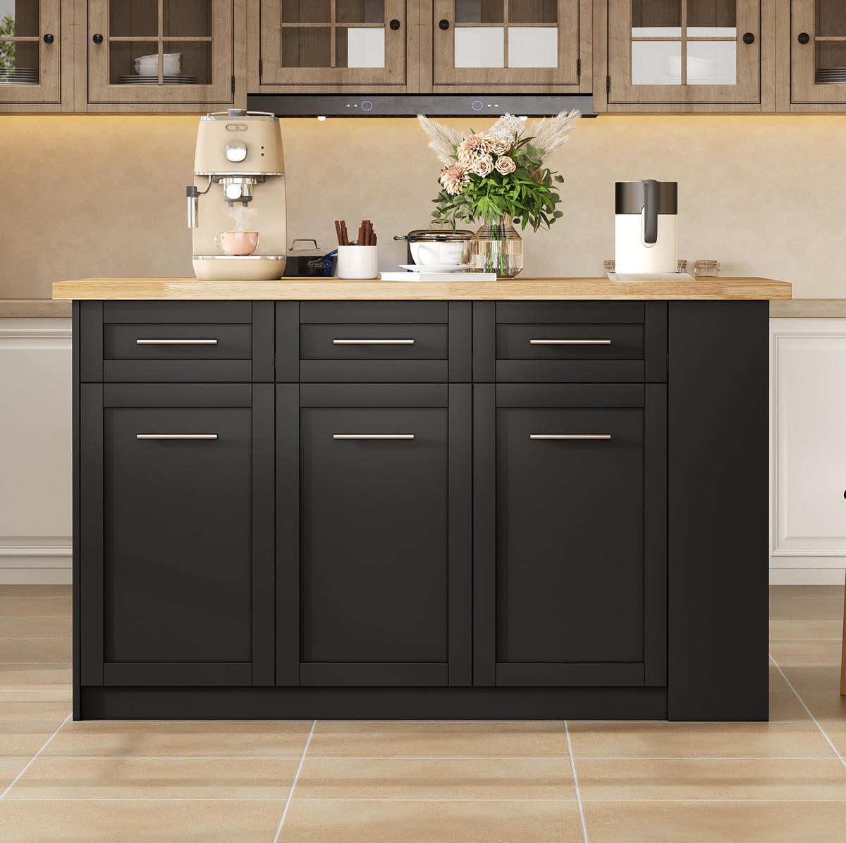 KÜCHENINSEL mit ausziehbarem Esstisch 150 x 90 x 90 cm MDF Natural and Black - Naturfarben, Holz (90/90/150cm) - Beauniv